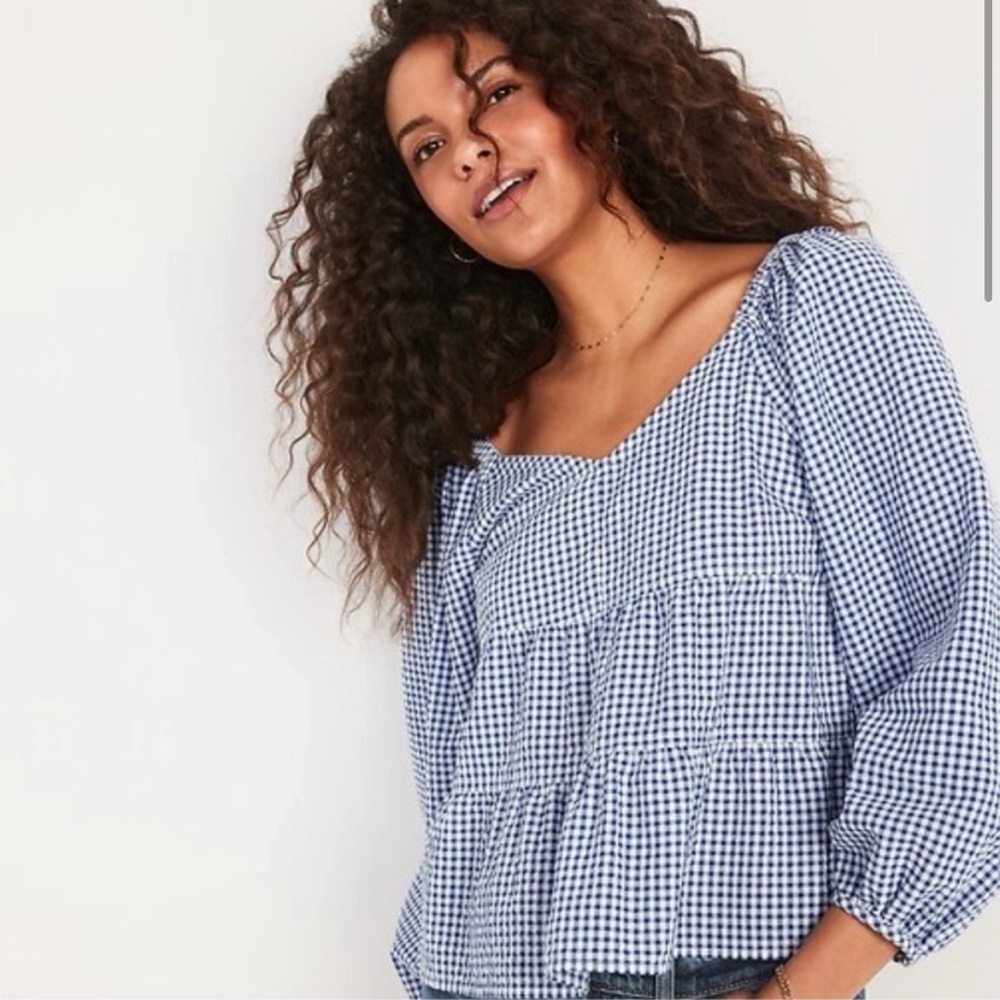Old Navy Womens Shirt Blouse Blue White Gingham Plaid Seersucker Size Medium